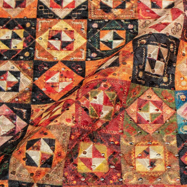 Multi Colour Digital Print Schiffli Cut Work Poly Tussar Feel Fabric