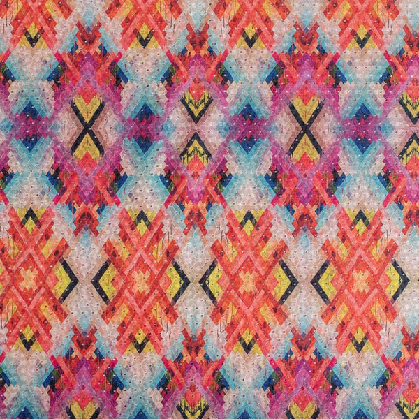 Multi Colour Digital Print Schiffli Cut Work Poly Tussar Feel Fabric