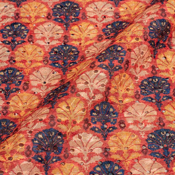 Multi Colour Digital Print Schiffli Cut Work Poly Tussar Feel Fabric