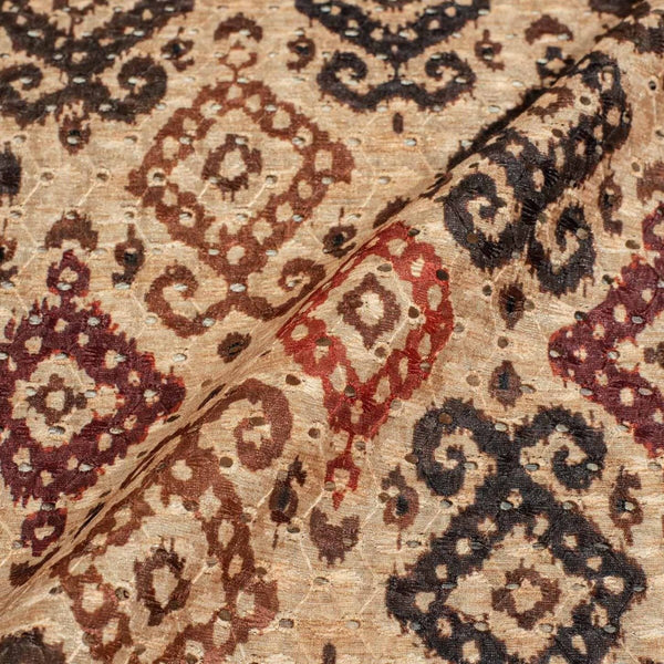 Off White Colour Digital Print Schiffli Cut Work Poly Tussar Feel Fabric