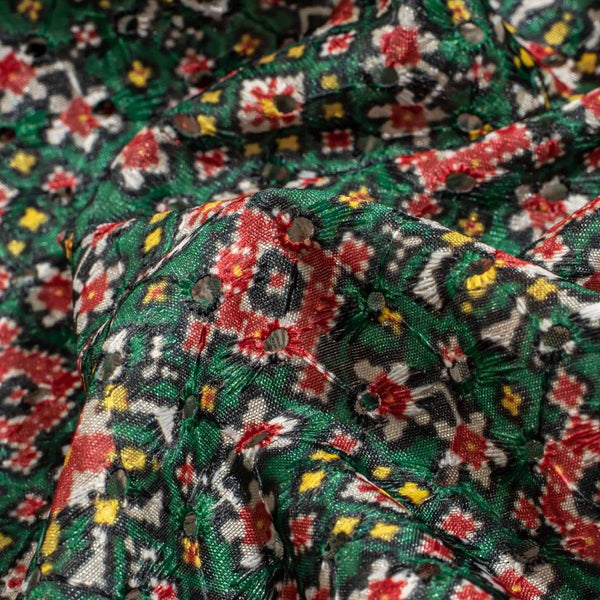 Green Colour Digital Print Schiffli Cut Work Poly Tussar Feel Fabric