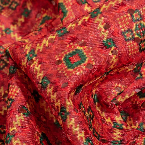 Orange Colour Digital Print Schiffli Cut Work Poly Tussar Feel Fabric