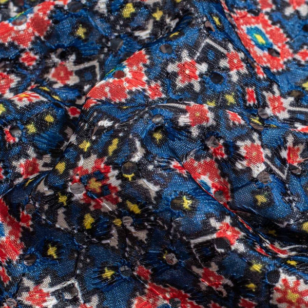 Deep Blue Colour Digital Print Schiffli Cut Work Poly Tussar Feel Fabric