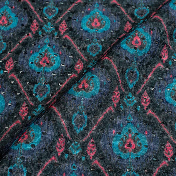Grey Black Colour Digital Print Schiffli Cut Work Poly Tussar Feel Fabric