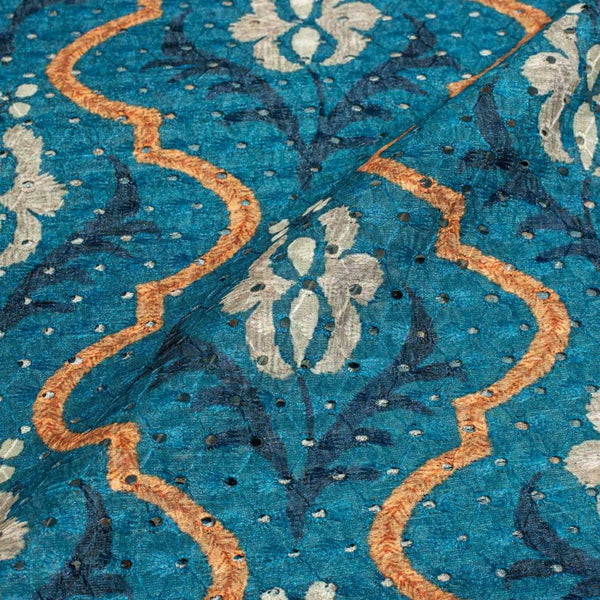 Teal Colour Digital Print Schiffli Cut Work Poly Tussar Feel Fabric