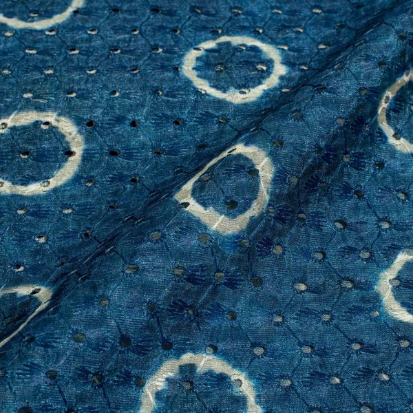 Indigo Colour Digital Print Schiffli Cut Work Poly Tussar Feel Fabric