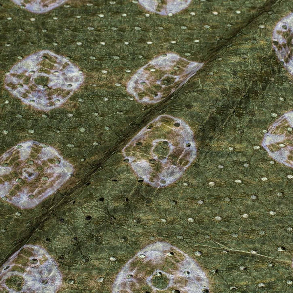 Moss Green Colour Digital Print Schiffli Cut Work Poly Tussar Feel Fabric