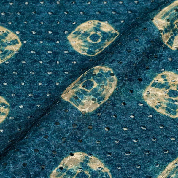 Teal Blue Colour Digital Print Schiffli Cut Work Poly Tussar Feel Fabric