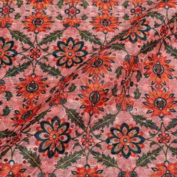 Pastel Pink Colour Digital Print Schiffli Cut Work Poly Tussar Feel Fabric