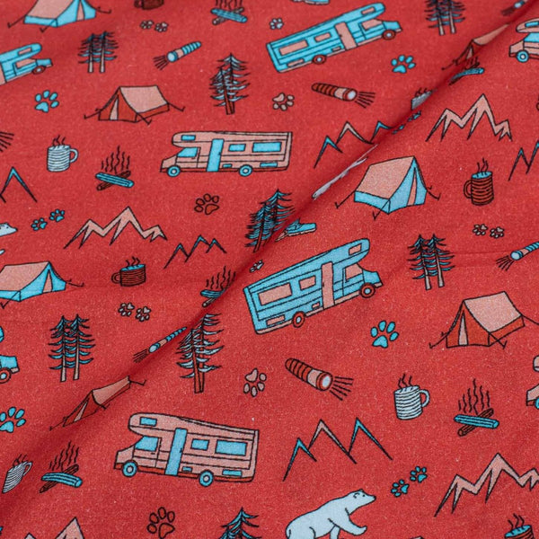 Red Color Digital Quirky Prints Cotton Poplin Fabric
