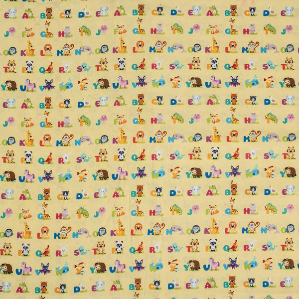 Pale Yellow Color Digital Quirky Prints Cotton Poplin Fabric