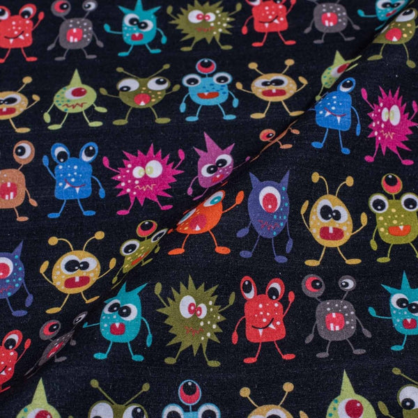 Black Color Digital Quirky Prints Cotton Poplin Fabric
