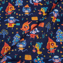 Navy Blue Color Digital Quirky Prints Cotton Poplin Fabric