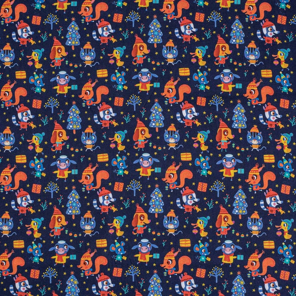 Navy Blue Color Digital Quirky Prints Cotton Poplin Fabric