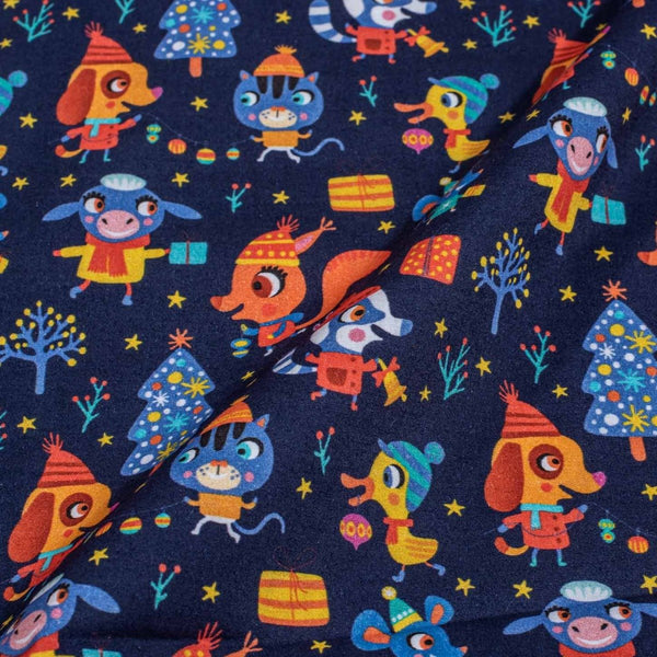 Navy Blue Color Digital Quirky Prints Cotton Poplin Fabric