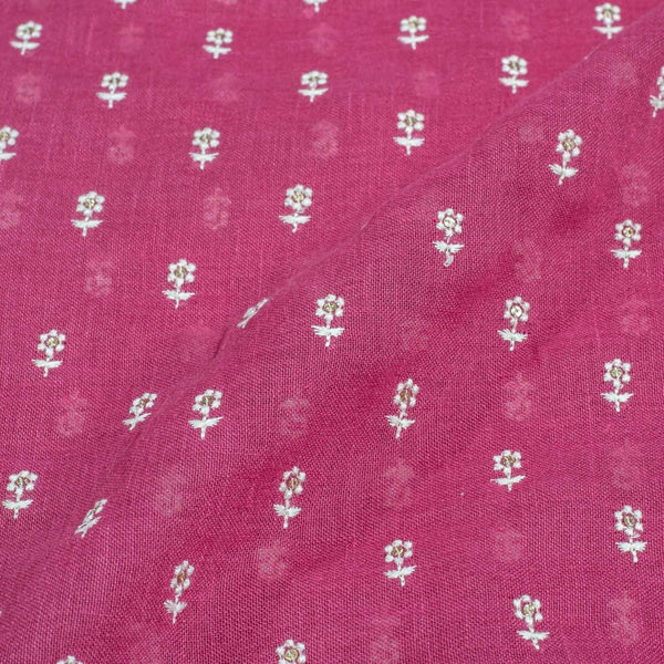Magenta Colour Machine Work Small Floral Butti Cotton Linen Fabric