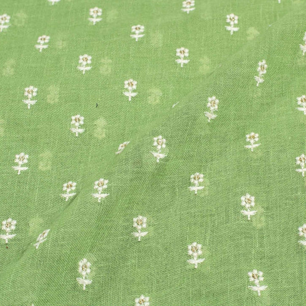 Pistachio Colour Machine Work Small Floral Butti Cotton Linen Fabric
