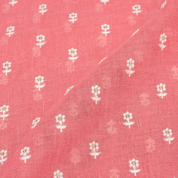 Carrot Pink Colour Machine Work Small Floral Butti Cotton Linen Fabric