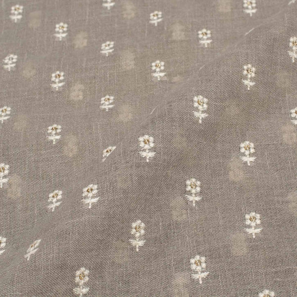 Smoke Grey Colour Machine Work Small Floral Butti Cotton Linen Fabric