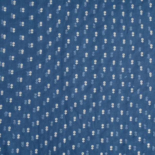 Blue Horizon Colour Machine Work Small Floral Butti Cotton Linen Fabric