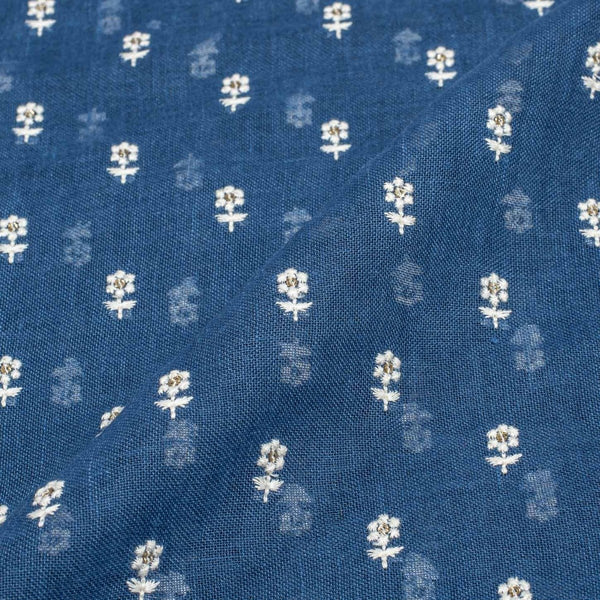 Blue Horizon Colour Machine Work Small Floral Butti Cotton Linen Fabric