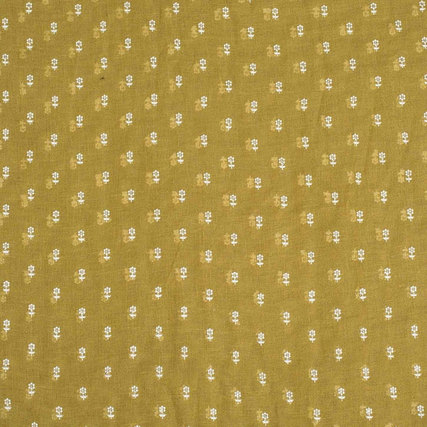 Olive Gold Colour Machine Work Small Floral Butti Cotton Linen Fabric