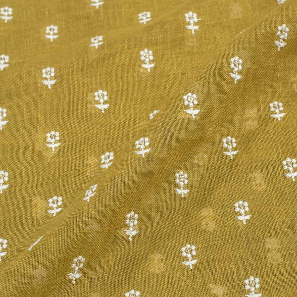 Olive Gold Colour Machine Work Small Floral Butti Cotton Linen Fabric