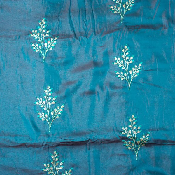 Sea Blue Two Tone Floral Thread Embroidered 2d Poly Crepe Fabric