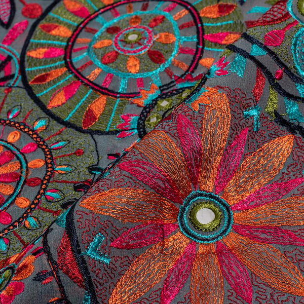 Grey Colour Multi Thread Work Embroidered Georgette Fabric