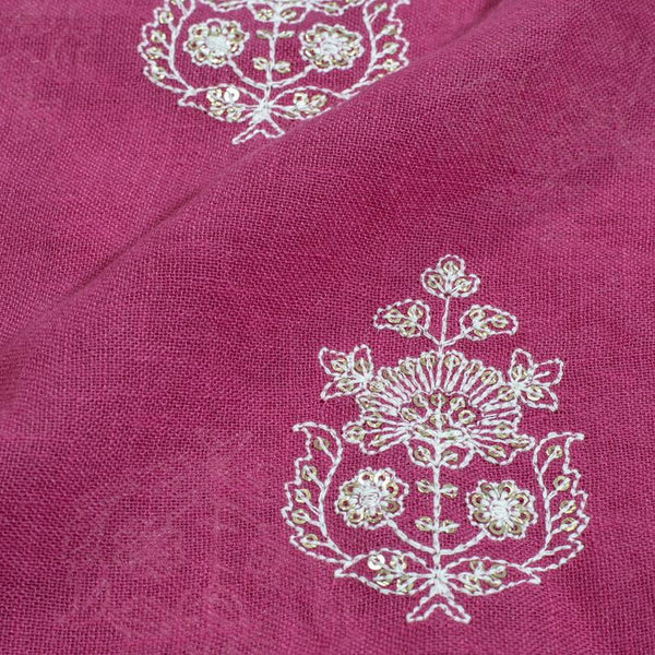Crimson Pink Colour Machine Thread and sequins Embroidered Cotton Linen Fabric