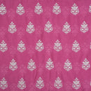 Crimson Pink Colour Machine Thread and sequins Embroidered Cotton Linen Fabric