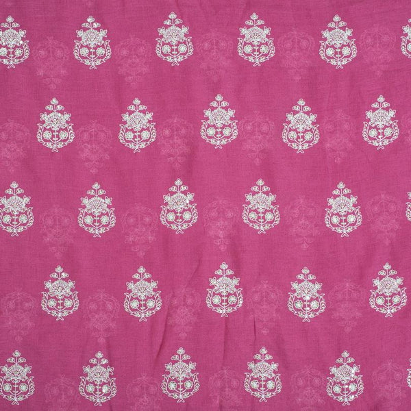Crimson Pink Colour Machine Thread and sequins Embroidered Cotton Linen Fabric