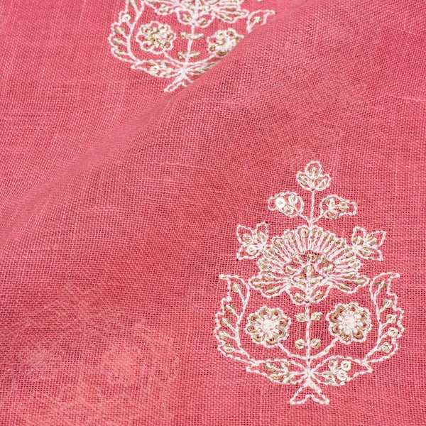 Peach Pink Colour Machine Thread and sequins Embroidered Cotton Linen Fabric