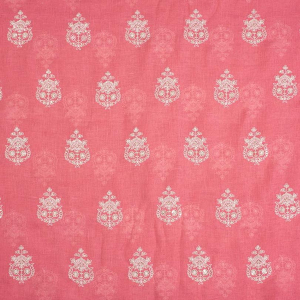 Peach Pink Colour Machine Thread and sequins Embroidered Cotton Linen Fabric