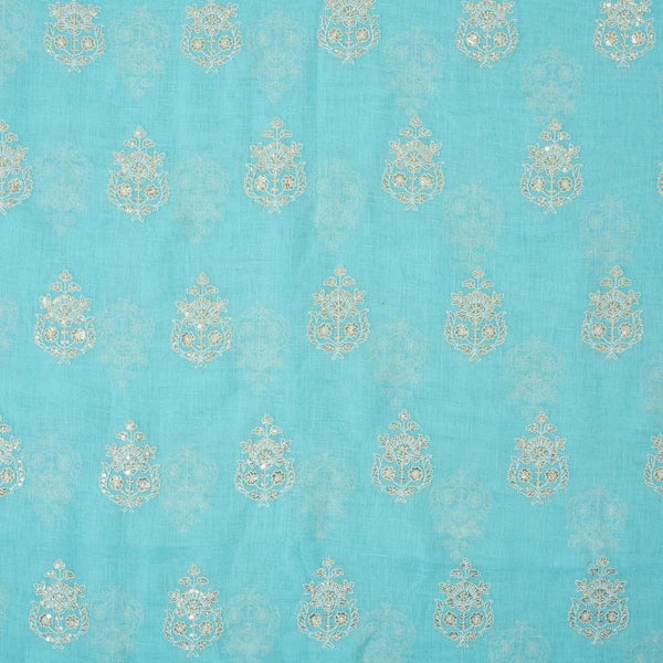 Fair Aqua Colour Machine Thread and sequins Embroidered Cotton Linen Fabric