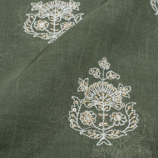 Shale Green Colour Machine Thread and sequins Embroidered Cotton Linen Fabric