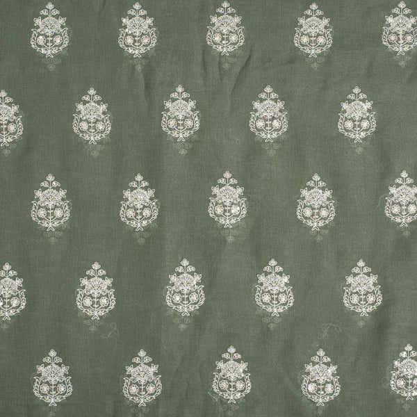 Shale Green Colour Machine Thread and sequins Embroidered Cotton Linen Fabric