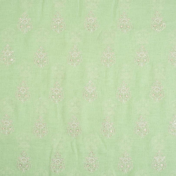 Pastel Green Colour Machine Thread and sequins Embroidered Cotton Linen Fabric