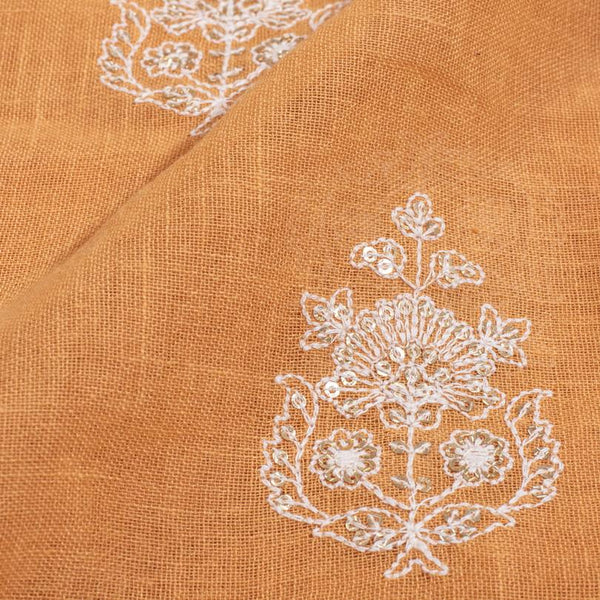 Pastel Orange Colour Machine Thread and sequins Embroidered Cotton Linen Fabric
