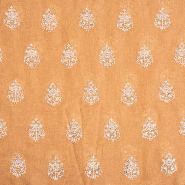 Pastel Orange Colour Machine Thread and sequins Embroidered Cotton Linen Fabric