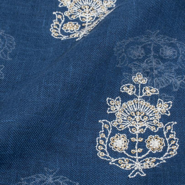 Blue Horizon Colour Machine Thread and sequins Embroidered Cotton Linen Fabric
