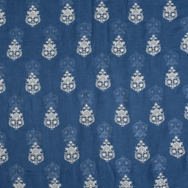 Blue Horizon Colour Machine Thread and sequins Embroidered Cotton Linen Fabric