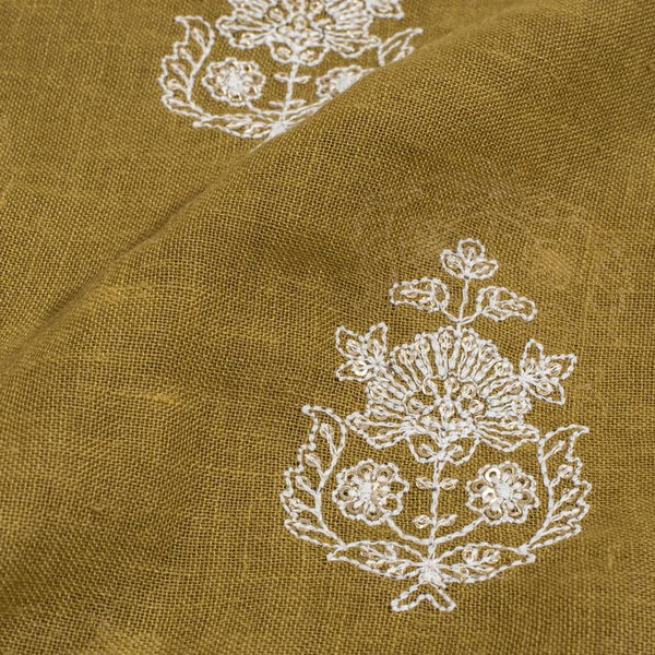 Olive Colour Machine Thread and sequins Embroidered Cotton Linen Fabric