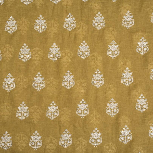 Olive Colour Machine Thread and sequins Embroidered Cotton Linen Fabric