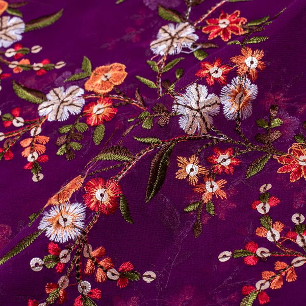Purple Colour Tikki and Thread Work Embroidered Georgette Fabric