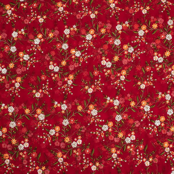 Red Colour Tikki and Thread Work Embroidered Georgette Fabric