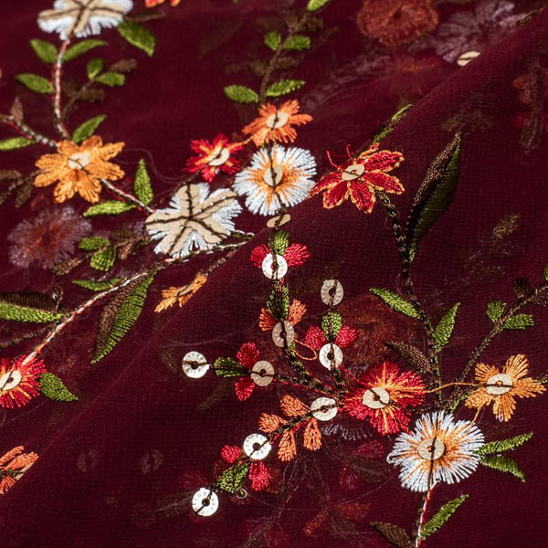 Maroon Colour Tikki and Thread Work Embroidered Georgette Fabric