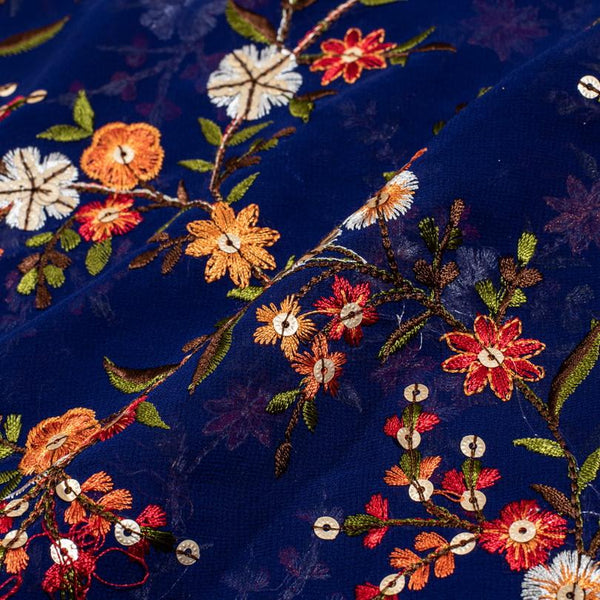 Royal Blue Colour Tikki and Thread Work Embroidered Georgette Fabric