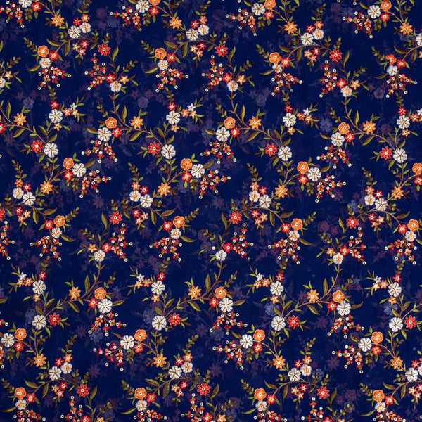 Royal Blue Colour Tikki and Thread Work Embroidered Georgette Fabric