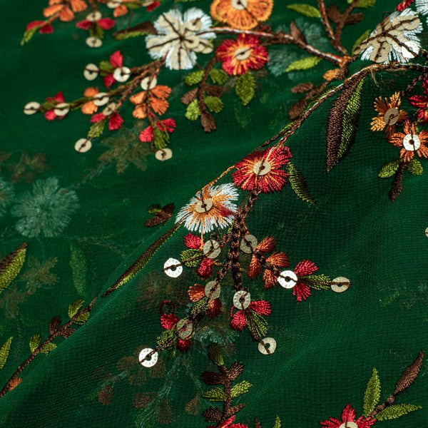 Green Colour Tikki and Thread Work Embroidered Georgette Fabric